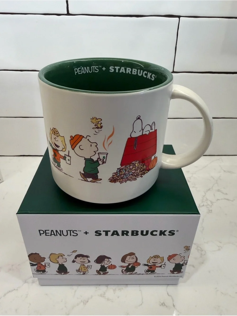 Starbucks Peanuts White Ceramic Mug with Green Interior